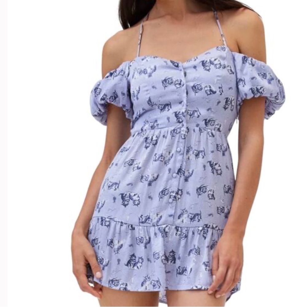 Urban Outfitters Kimchi Blue Courtney Cat Cold Shoulder Lavender Patterned Dress